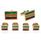 Gold Finish Mardi Gras Stripes Colored Cufflinks and Studs