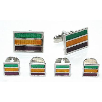 Silver Finish Mardi Gras Stripes Colored Cufflinks and Studs