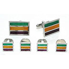 Silver Finish Mardi Gras Stripes Colored Cufflinks and Studs