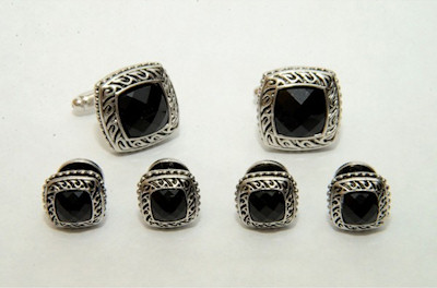 Antique Egyptian Etched Beaded Black Onyx Studs and Cufflinks