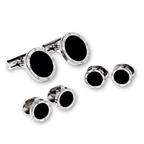 Screw Head Border Silver Plate with Black Onyx Center Studs and Cufflinks Set